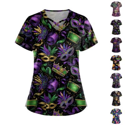 Women's Short Sleeve Stagger V Neck Print Pocket Dry- Top