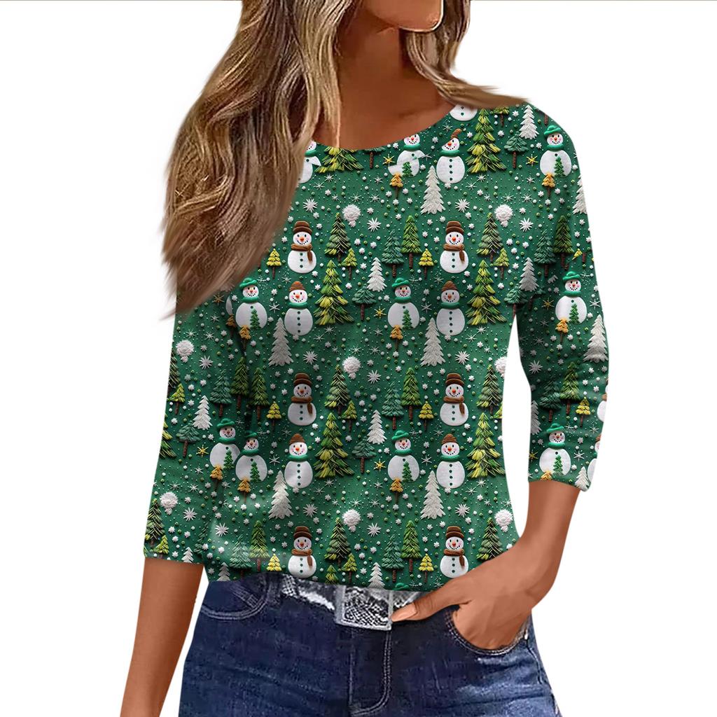 Dame Mote Casual Trekvartsermet Juleprintet Hals Topp