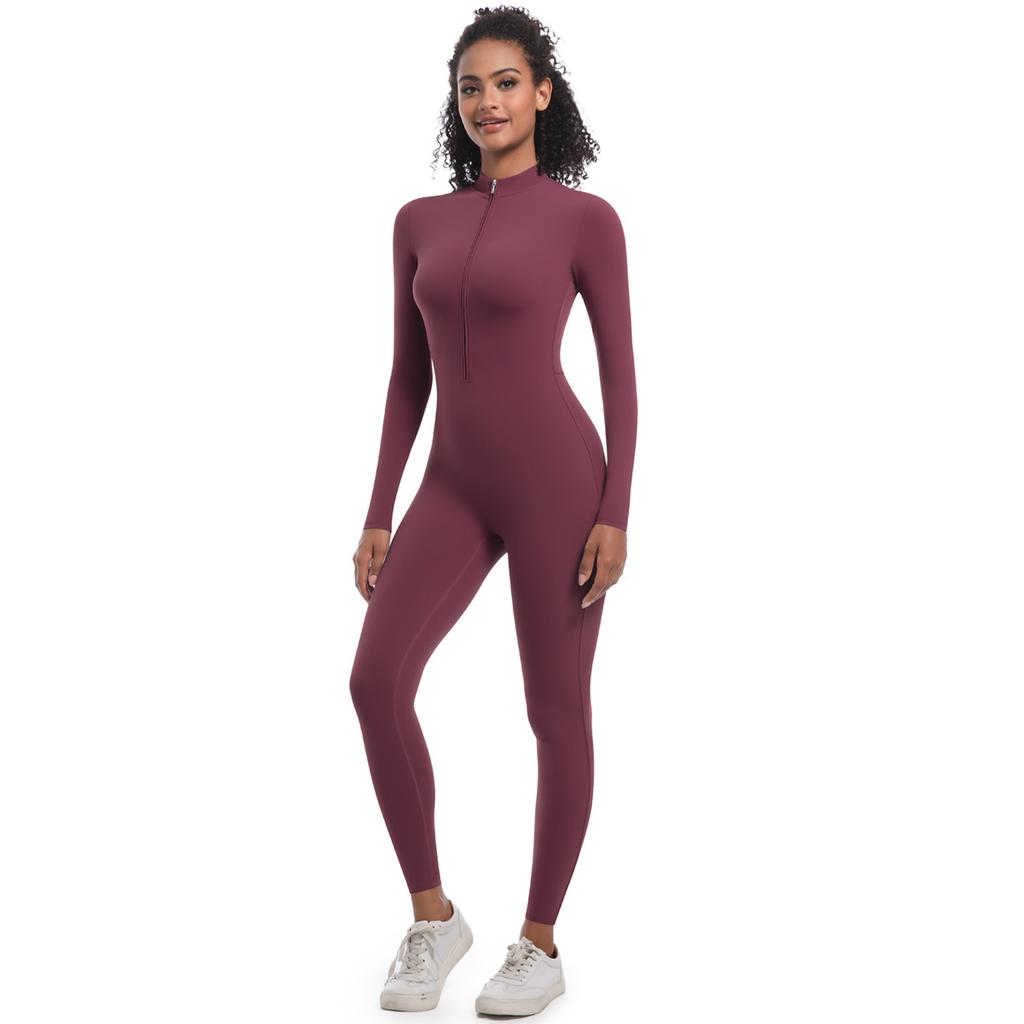Zipper Nude Long Sleeved Jumpsuit Yoga Suit, Quick Drying And Tight, High Strength Running And Fitness Jumpsuit For Women