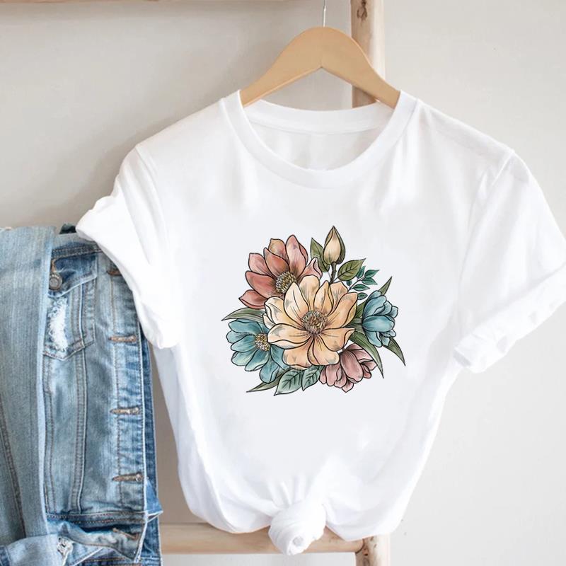 (European Size) Floral Lovely Clothing Casual Tee Bee Trend Cute Top Fashion T Shirt Short Sleeve Women Print Lady Female O-neck Graphic T-shirt