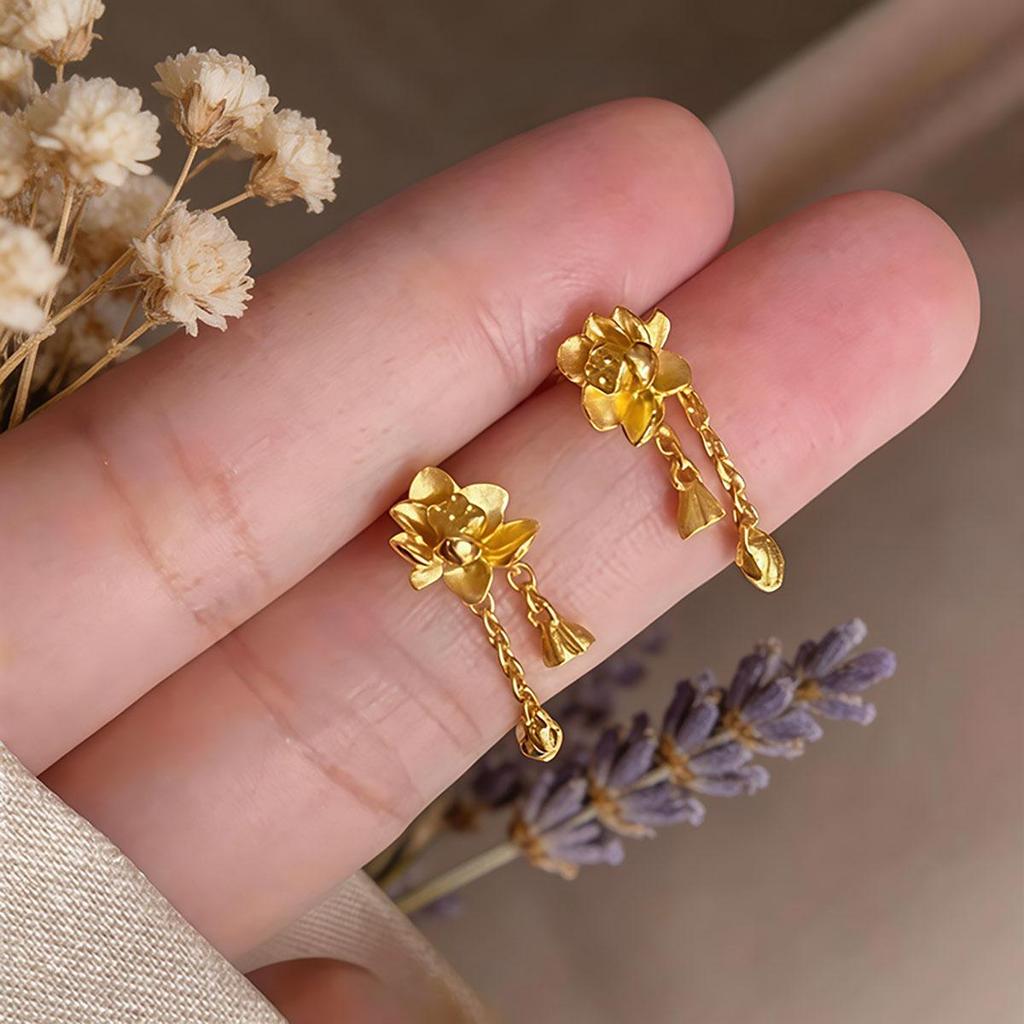 Gold Lotus Two-life Earrings, Lotus Tassel Earrings, Small Niche Design Earrings for Women, Exquisite Female Jewelry