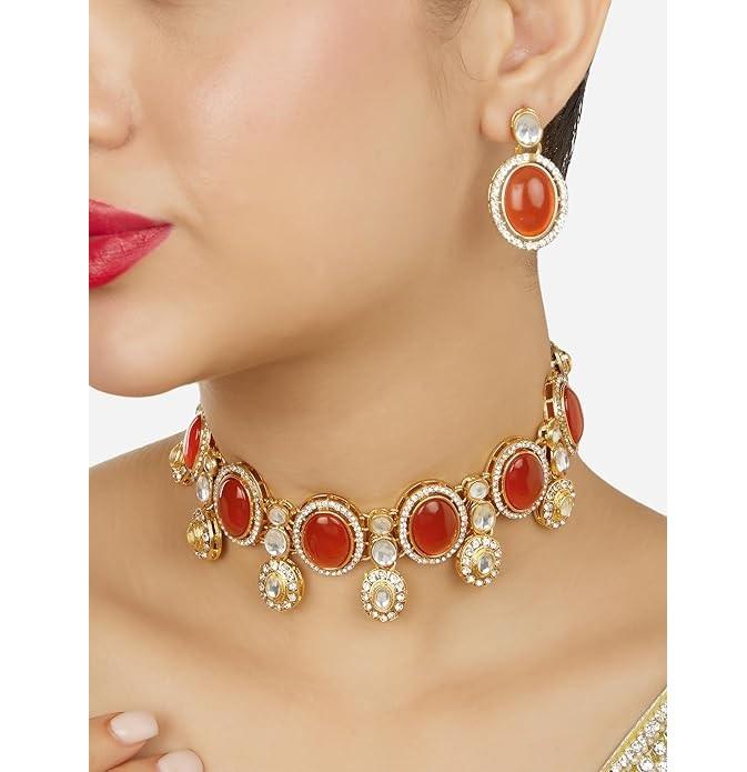 Orange Stones Austrian Diamonds Embellished Choker Necklace & Earring Set For Women