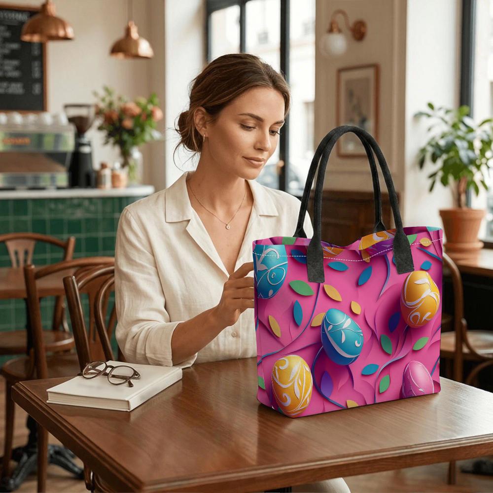 Easter Eggs Printed Canvas Tote Bag Casual Large Capacity Daily Shopping Handbag