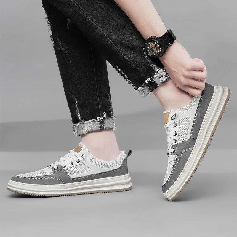 Fashion Summer New Breathable Mesh Comfortable Men Shoes Leather Sneakers Mens Designer Fashion British Style Casual Leather Shoes Walk