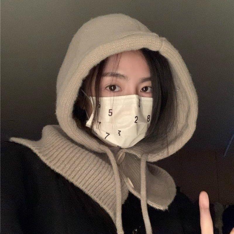 Schlichter Schal im koreanischen Stil mit integriertem Nackenschutz, warm, gestrickt, Wolle, Ohrenschutz, Schal, Mütze