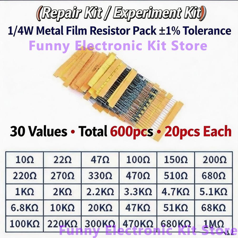 2600pcs Metal Film Resistors Assorted Pack 130 Values 1/4W 0.25W 1% Fixed Resistor Kit Set for Electronics DIY Projects