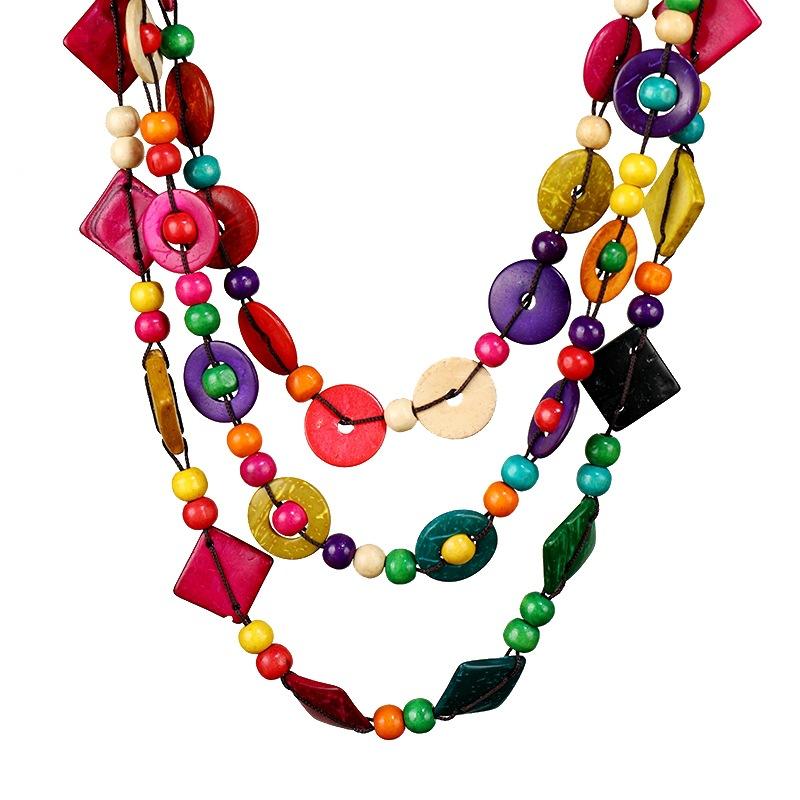 Vintage Bohemian Coconut Shell Wood Necklace Woven Long Multilayer Colored Women's Sweater Chain Vacation Accessories
