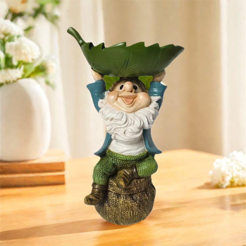 Cartoon Dwarf Sculpture Holding Leaves Garden Gnome Statue Unique Bird Feeder  Garden Decor