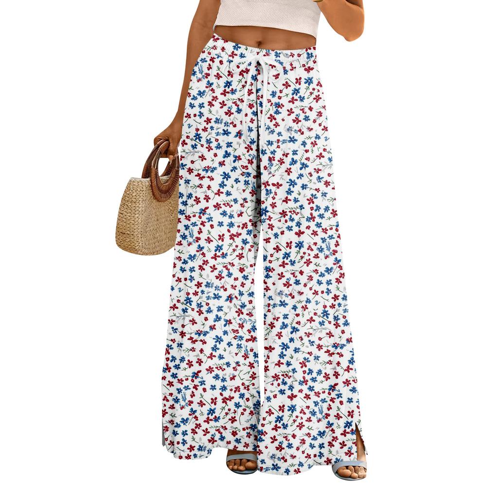 Women Summer Boho Palazzo Pants High Waist Wide Leg Floral Printing Casual Trousers With Pockets