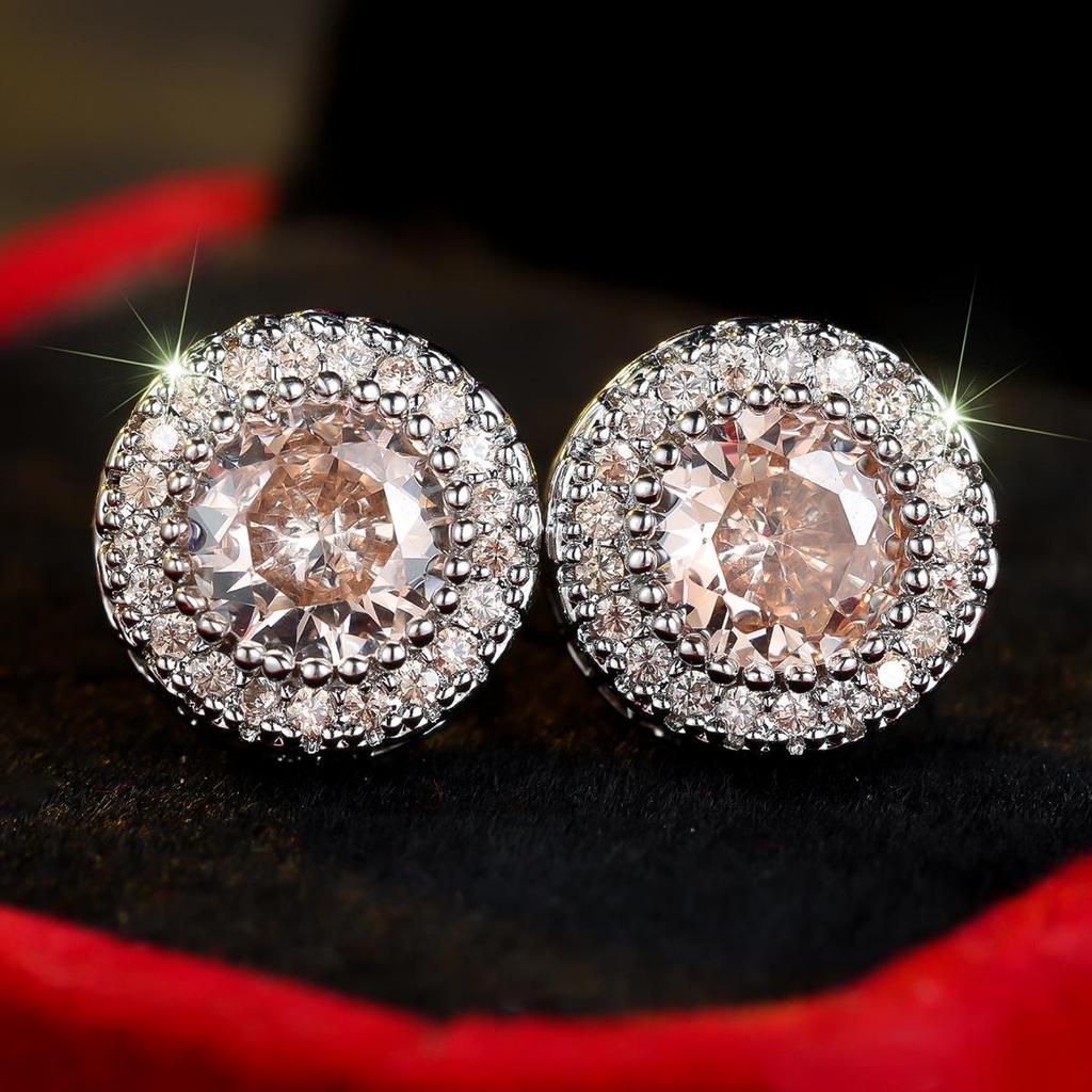 New Hong Kong Style Full Diamond Round Stud Earrings for Women - European & American High-End Hollow Design, Innovative and Stylish Jewelry