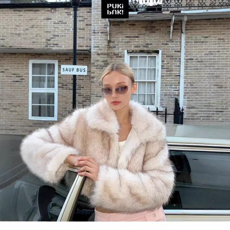 Womens Short Faux Fox Fur Trimmed Coat Winter Warm Thick Plush Outerwear POLO Collar Solid Base With Dyed Tips