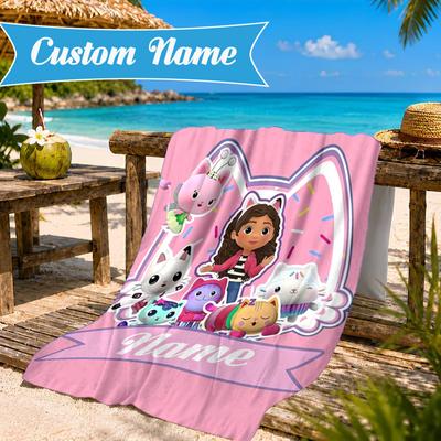 Custom Name Beach Towel Kitty Dollhouse Adventure Microfiber Beach Towel, Lightweight for Summer Travel, Swimming Pool Fan Birthday Gift