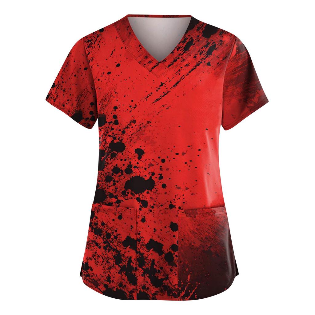 Women's Fashion V-Neck Short Sleeve Overalls With Pockets Halloween Printed Tops  Apparel