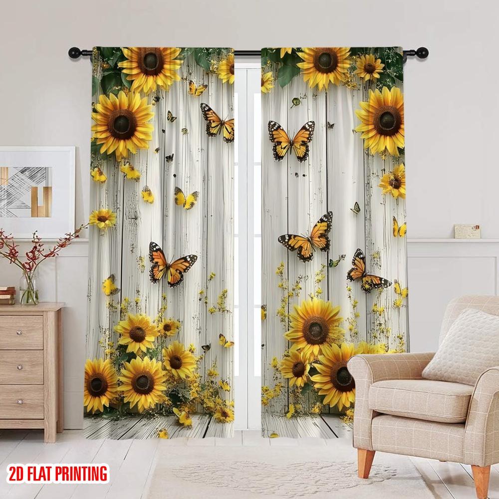 2D flat printing 2pcs Window Drapes Butterflies and sunflowers 100% Polyester,Without Electricity Wall Decor Applies to Festive