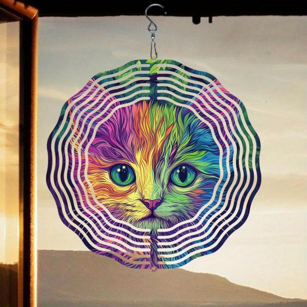 Charming Colorful Kitten Wind Spinner Wind Chime 3D Metal Garden Patio Decoration Outdoor Hanging Ornament for Thanksgiving Christmas Holiday