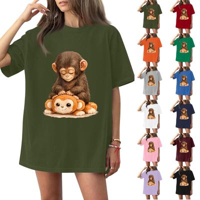 Women's Fashionable Casual Short-Sleeve Round Neck Monkey Print T-Shirt Top