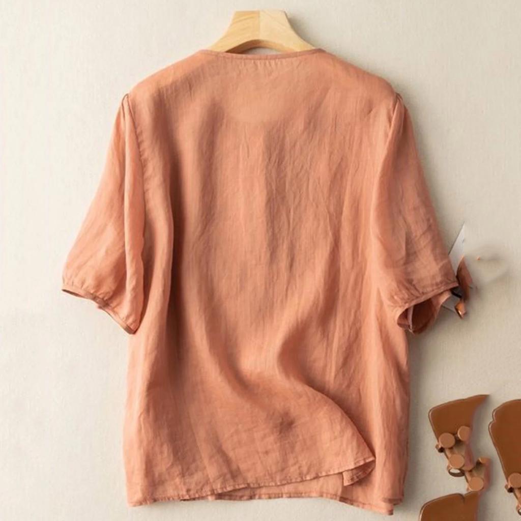 Women's Solid Color Cotton And Linen Short-sleeved Embroidered Retro Breathable T-shirt Round Neck Top