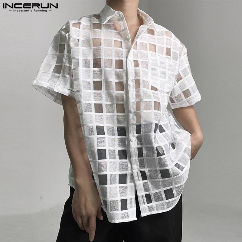 INCERUN Men Lapel Neck Mesh Sheer Transparent Plaid Tops T-Shirts