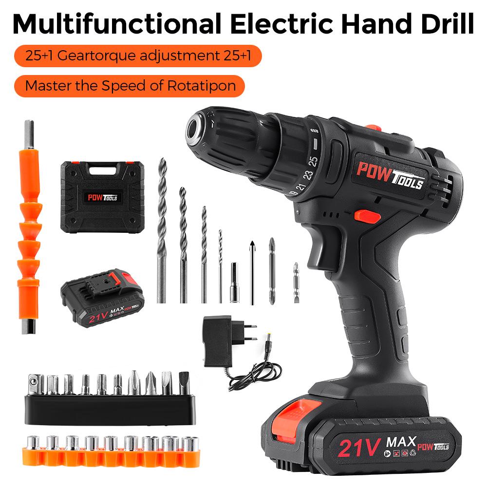 Electric Screwdrivers POWTOOLS - 21V - 1 Batteries Lithium + 28 Accessoires + Chargeur