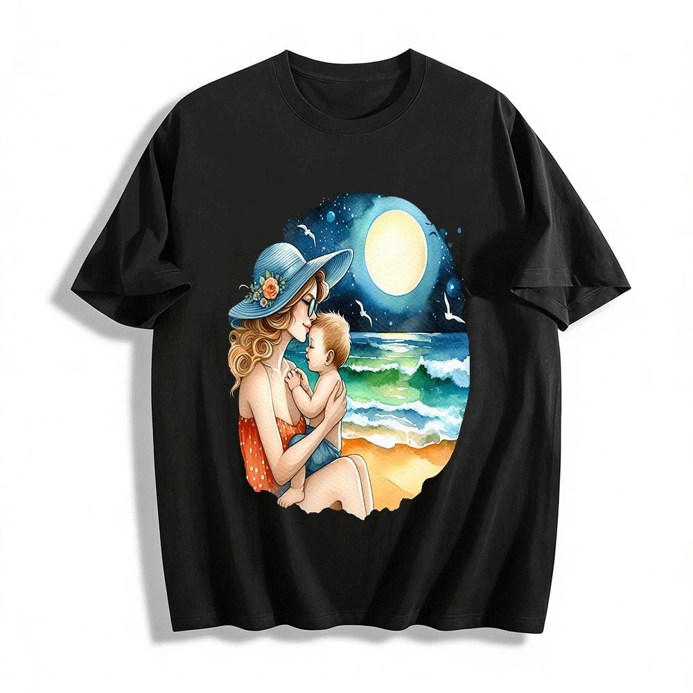 Moonlit Beach Mother Baby Warmth Print Casual Top Pure cotton T-shirt XXS