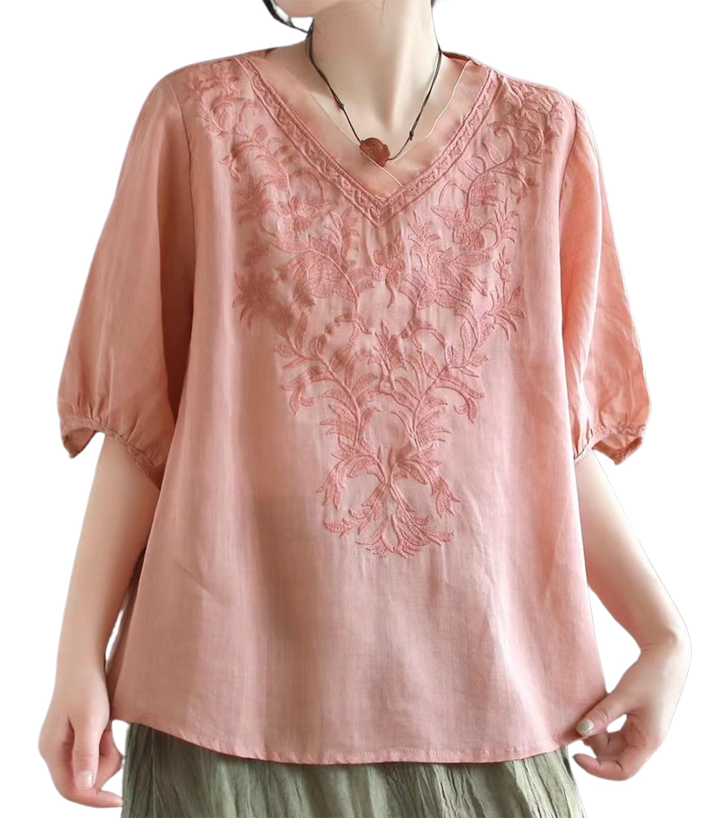 

Second Roots Embroidered Pullover Short and Perfect for V-Neck Blouse, Cool, Sleeve, Summer, Women s Loungewear, Figure-Flattering, Comfortable,