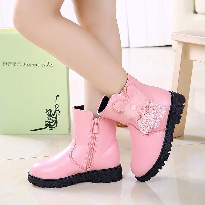 Mädchenschuhe Stiefel Kinder Kurzstiefel Herbst und Winter 2025 neue Baumwollstiefel Prinzessin zwei Baumwollschuhe Samt warm Spitze Kaninchen