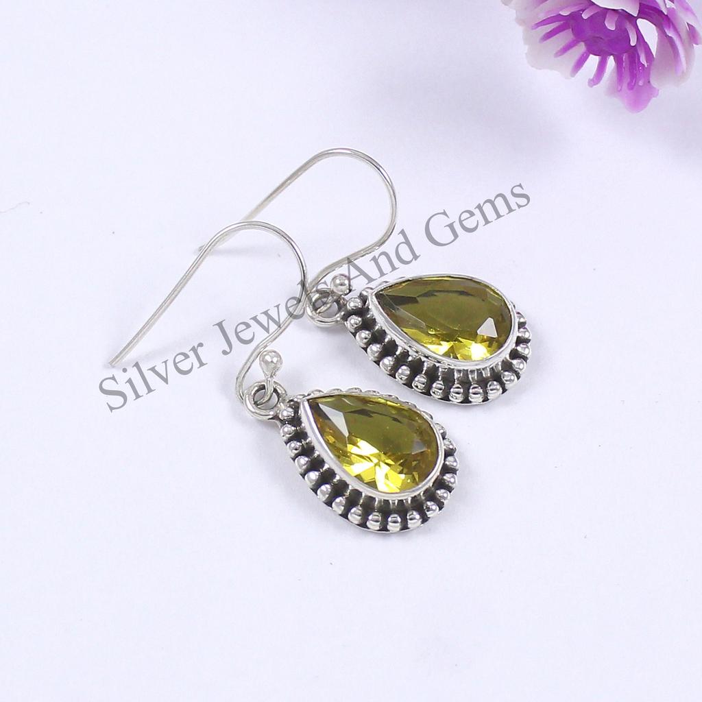 Teardrop Citrine Earrings, 925 Sterling Silver, Boho Gemstone Jewelry