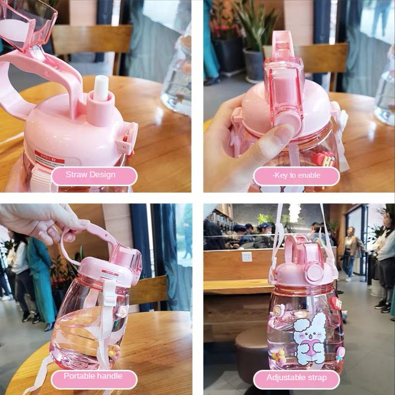 1300 ML Large Capacity Outdoor Sports Water Bottle with Straw Strap Creative Cute Sticker Portable Plastic Kids Sippy Water Cup