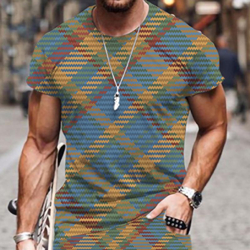Fashion Hot Men's T-shirts Plaid Stripe Pattern Summer Tracksuit Oversized T-shirt Sportswear Luxury 3D Printed O Neck Funny