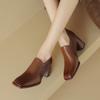 Fashion 2025 Autumn New Genuine Leather Soft Work Shoes Women High Heel Stretch Square Toe Slip on Brown Khaki British Style Heels Women