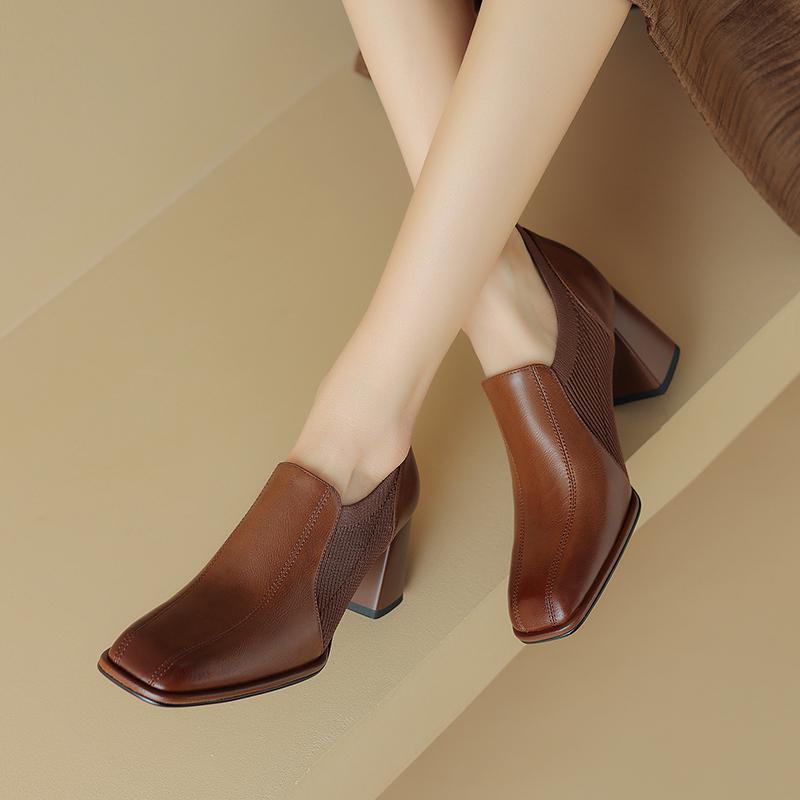 Fashion 2025 Autumn New Genuine Leather Soft Work Shoes Women High Heel Stretch Square Toe Slip on Brown Khaki British Style Heels Women