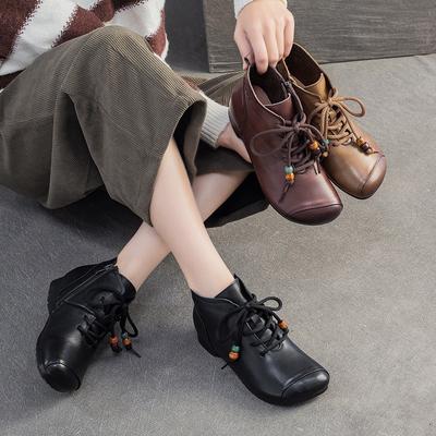 Retro Round Toe Genuine Leather Ankle Boots Versatile Soft Soled Comfortable Women's Shoes