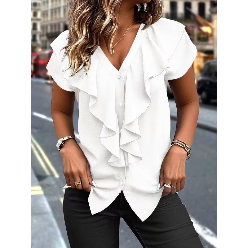 2026 New V-neck Ruffle Short Sleeve Chiffon T-shirt for Women, Summer Elegant Commuting Solid Color Top