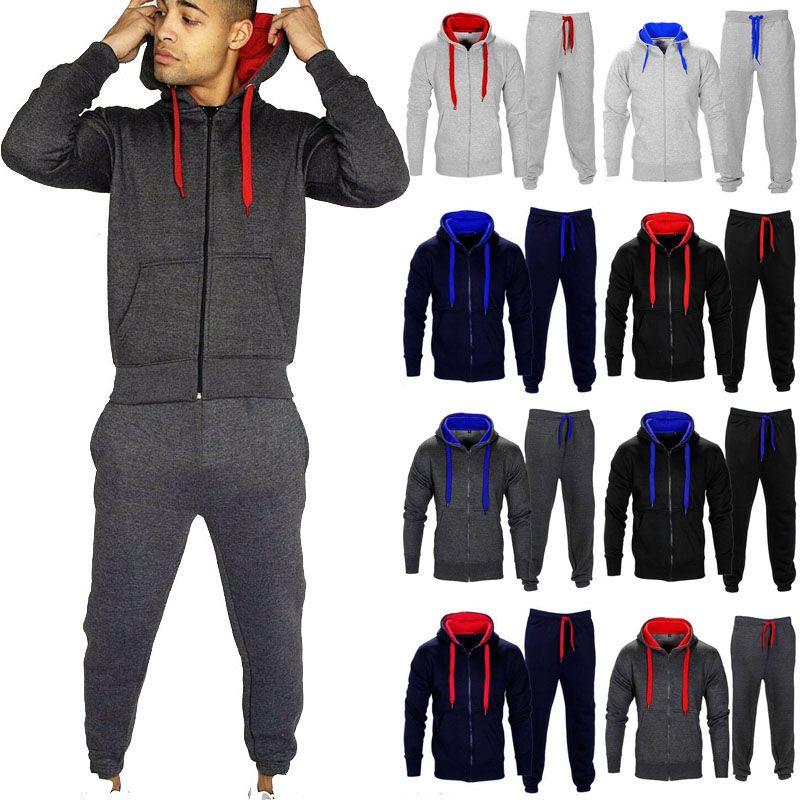 Set Mens Tracksuit Fleece Zip Hoodie Topsbottoms Joggers Gym Jogging Contrast