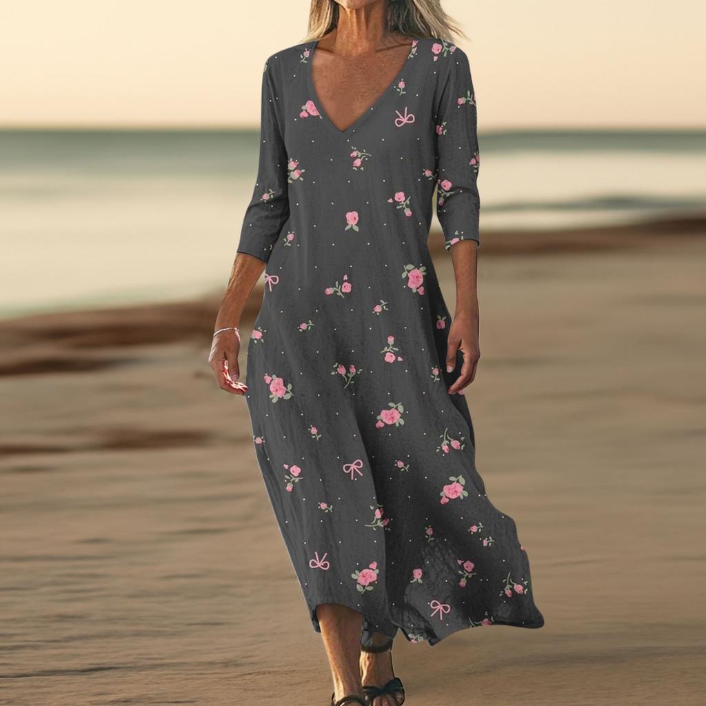 Dresses For Womens Vintage Print Tunic Waisted Midi Dress Summer Casual  3/4 Sleeve Dress
