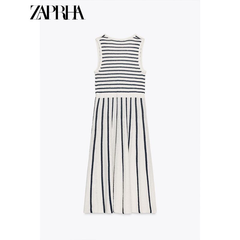 Zaprha 2025 Summer New Fashion Stripe Patchwork Cut Knitted V-neck Sleeveless Dress 8779633
