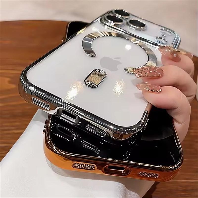 Luxury Plating Transparent Soft TPU Magsafe Case for iPhone 17 Pro Max Air 13 14 15 16 12 11 Pro Max 16E Plus Silicone Cover