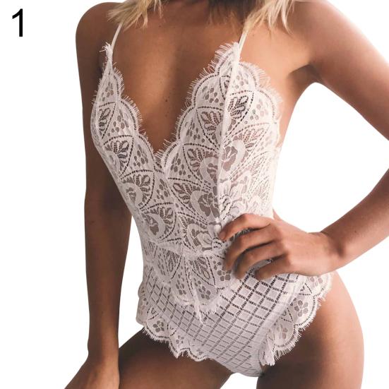 Damen Wimpernspitze Spitze Tiefes V-Ausschnitt Kreuzrücken Träger Ärmellos Sexy Body