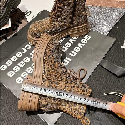 Diamond Full Diamond Leopard Lace-Up Tooling Motorcycle Boots Short Boots Joker Women'S Boots