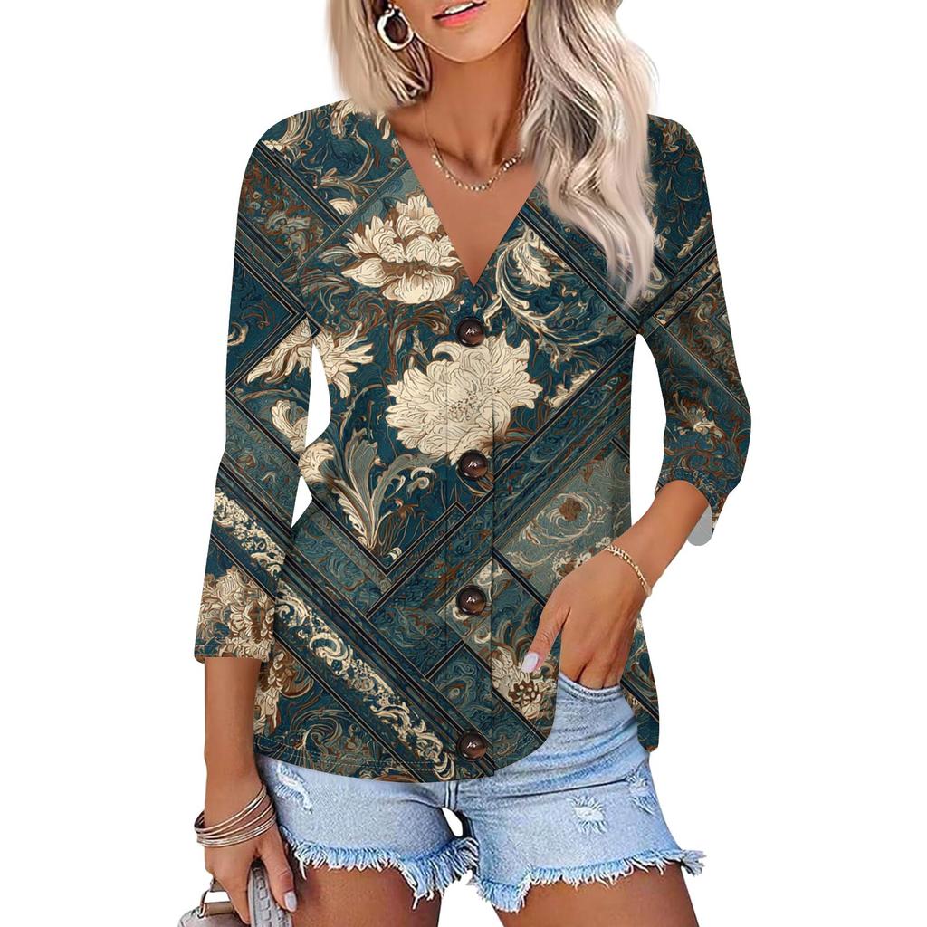 Women's Fashion Casual Printing Button-down Shirt 3/4 Long Sleeve Tops