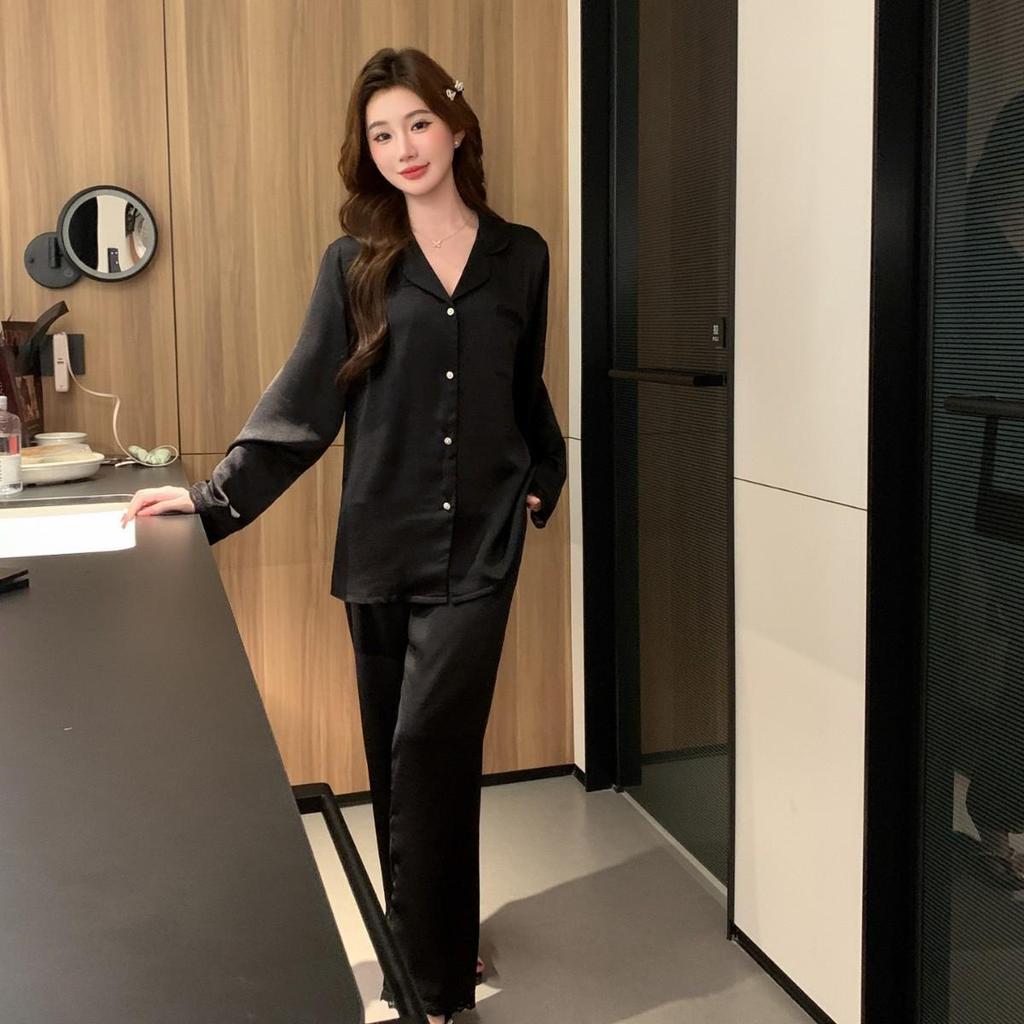 2026 Women's Luxury Ice Silk Lace Hollow Long Sleeve Pajama Set