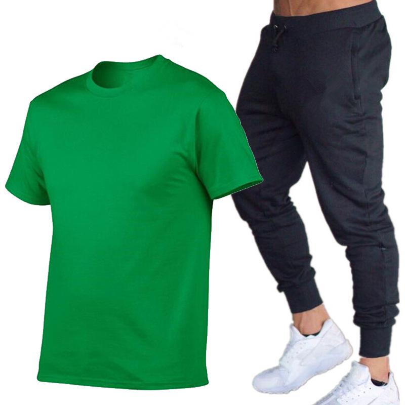 Herren Sommer Freizeit Shorts & Skinny Hosen Set - Baumwolle Rundhals T-Shirt & Lange Hosen