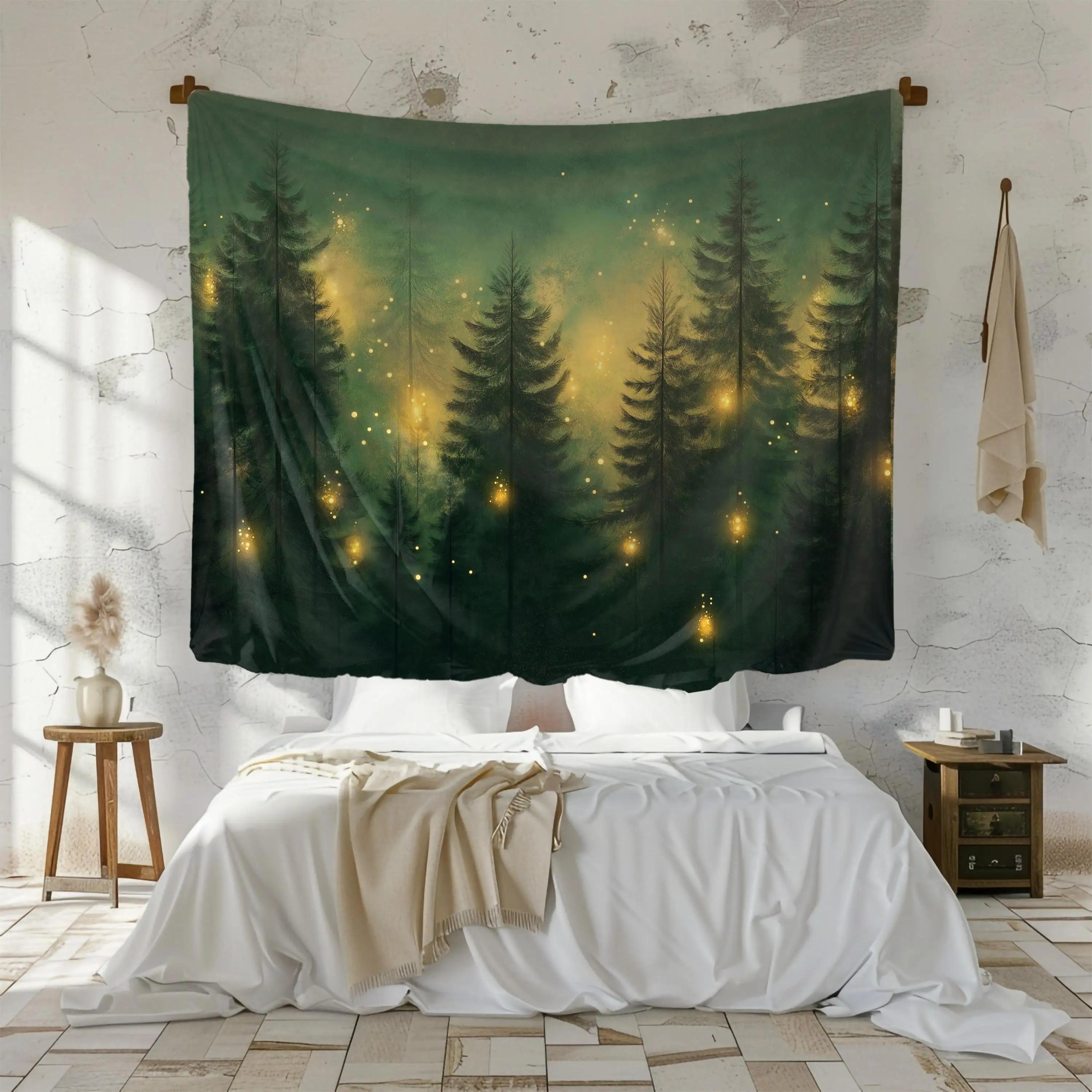 Textilien Unisex Peach Enchanted Forest Fairy Lights Tapestry 2D Flat Printed Skin Magical Pine Tree Wall Hanging For Bedroom Living Room Decor