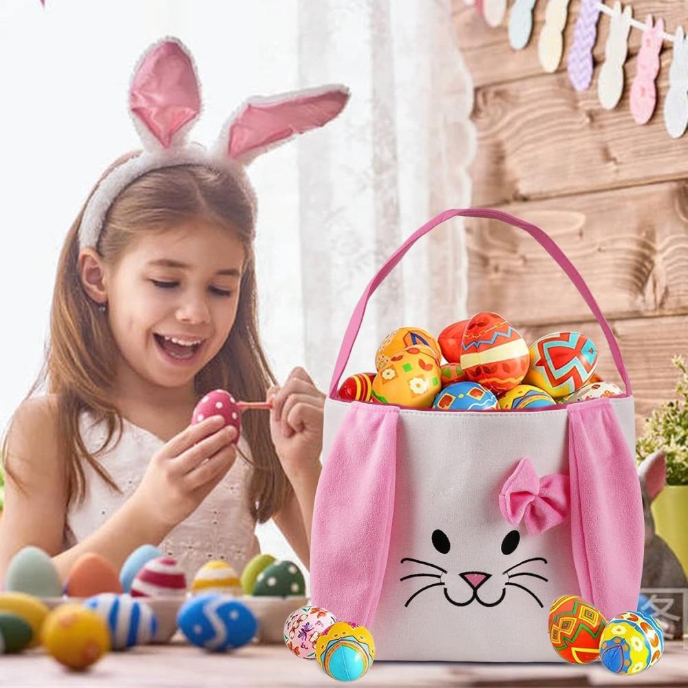 Cute Plush Easter Basket Rabbit Ear Candy Bag with Handle Bunny Storage Bucket Easter Egg Decorations Handbag Gift Bag
