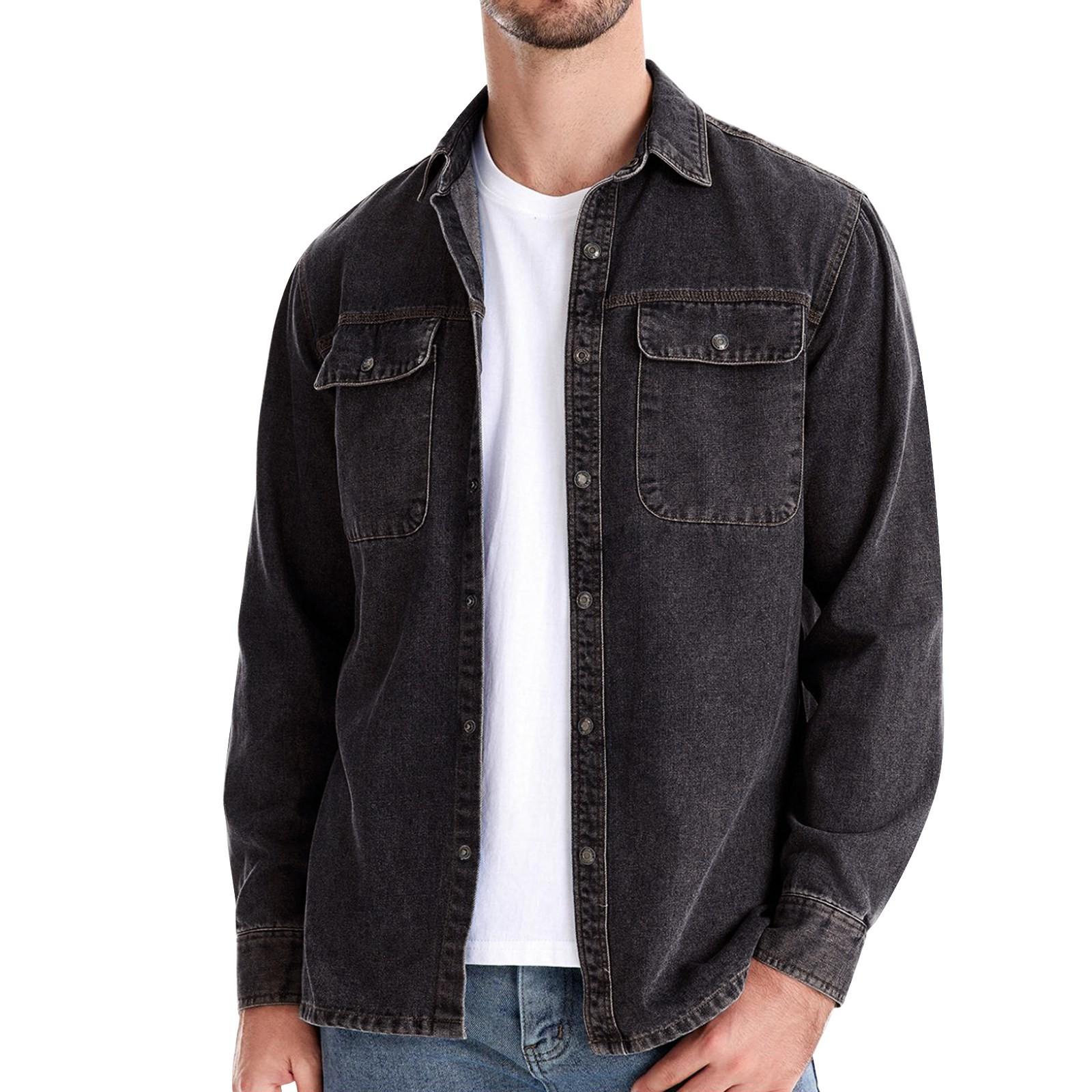

Мужская однотонная джинсовая рубашка с лацканами и пуговицами, мужская повседневная рубашка с длинным рукавом и карманом, выстиранная XL чёрный