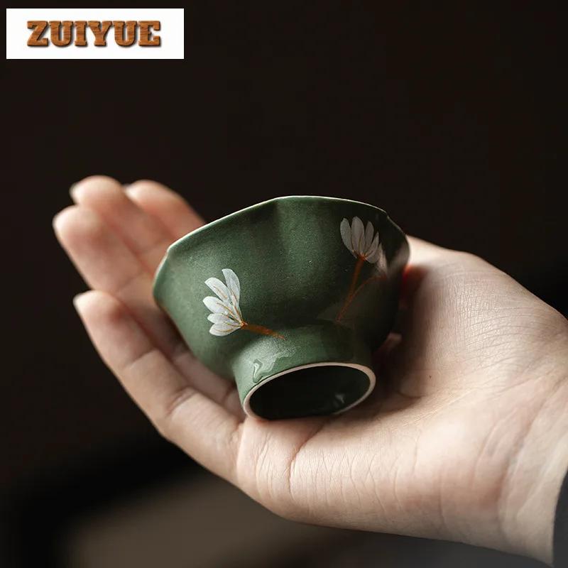 2pc/lot Hand Drawn Galsang Flower Tea Cup Handmade Powder Yin Dark Green Master Cup Flower Mouth High Footed Tea Bowl Drinkware