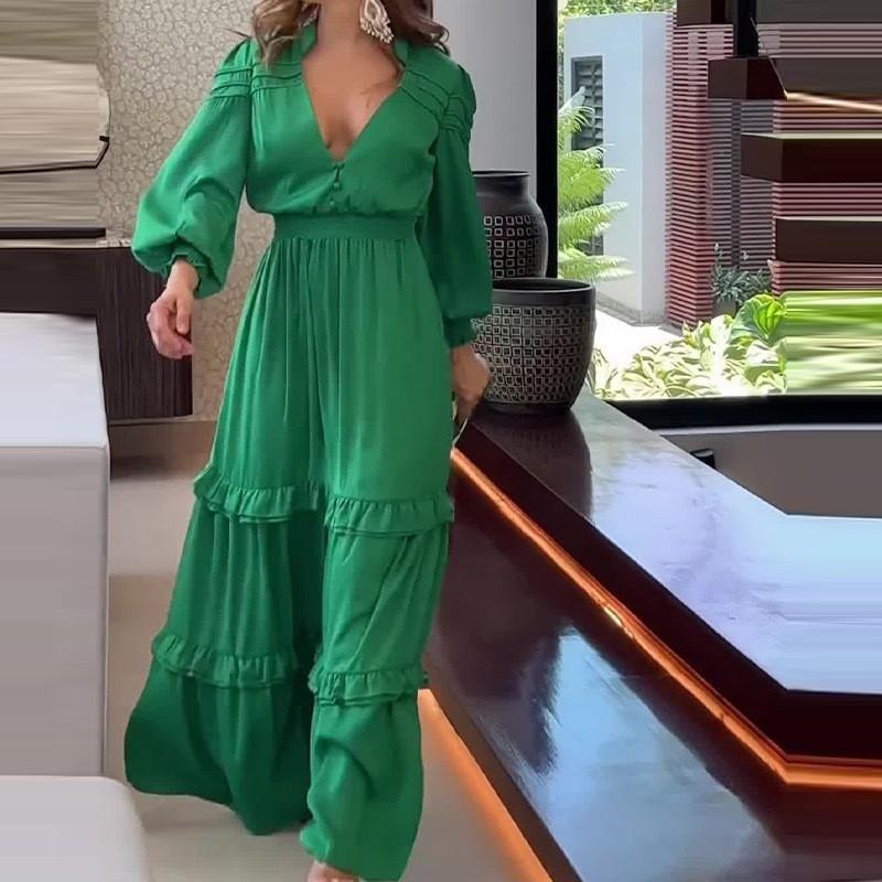Womens A-Line Long Sleeve Dress With V-Neck Printed Cotton-Linen Blend Office Chic Streetwear Style Small верде