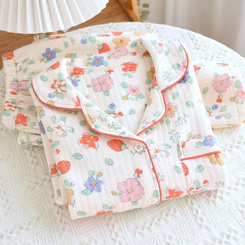 1011 new autumn and winter pajamas women's thickened pure cotton lapel can be worn outside cotton padded loungewear set sweet printing