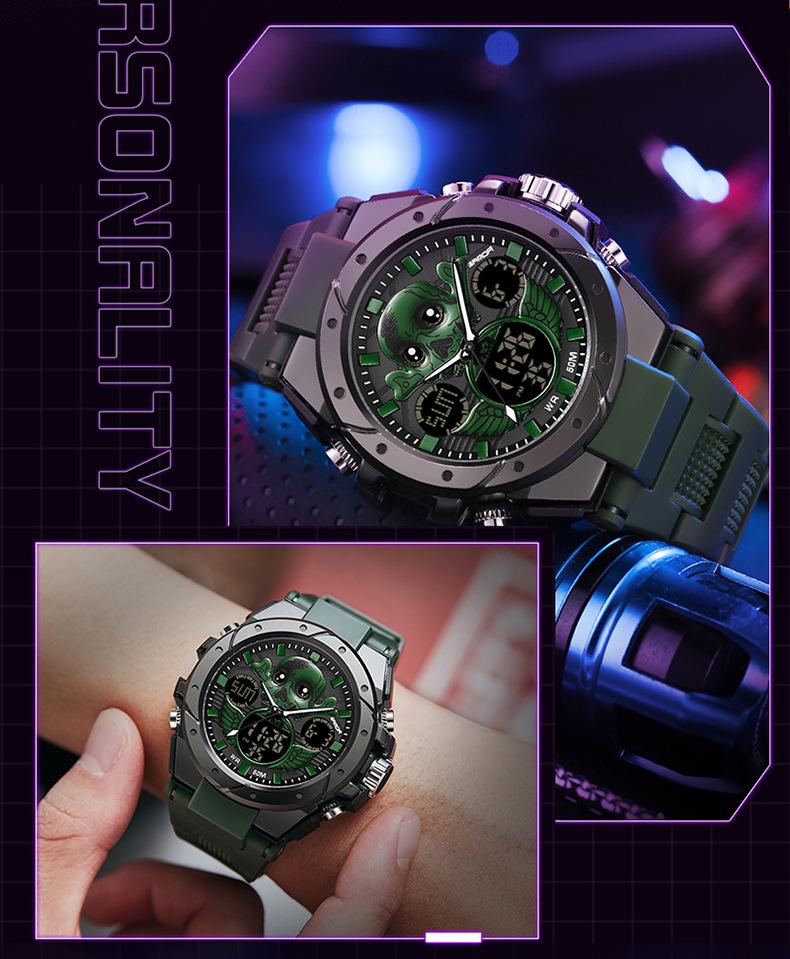 Sanda Skull Design Dual Display Waterproof Luminous Men's Student Multifunctional Watch