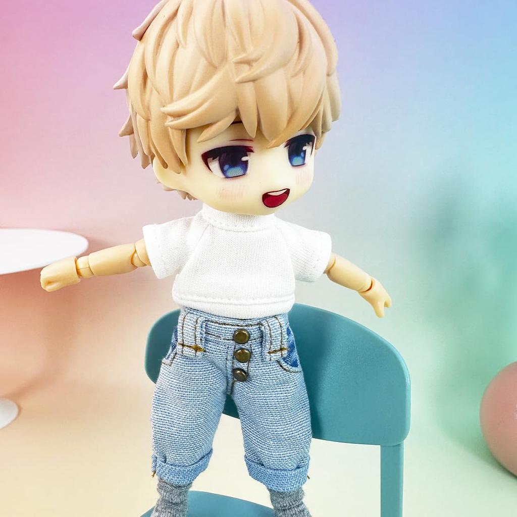 Xyrmync OB11 Clothing Plain T-shirt Ripped Jeans Obitsu 11 112bjd Doll 11cm Body Compatible (Red)
